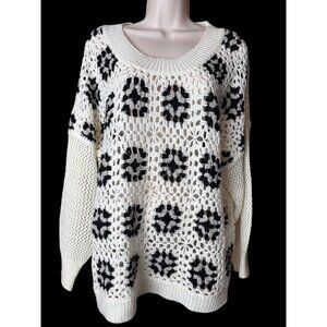 Crochet Knit Sweater By POL Floral Pattern Black & White Medium Cottagecore